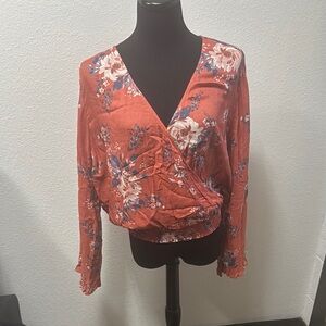 Arizona Jean Company Orange Floral Wrap Blouse Long Sleeve